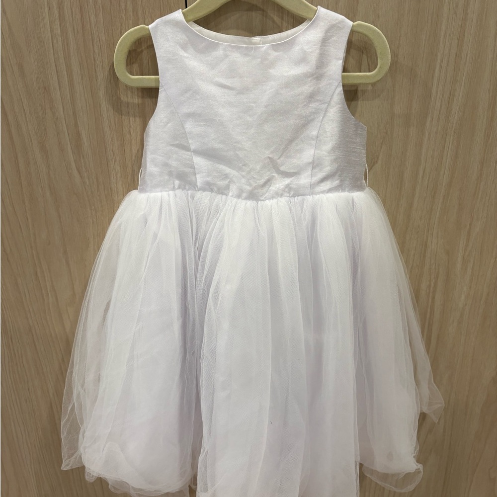 David's Bridal White Satin and Tulle Flower Girl Dress